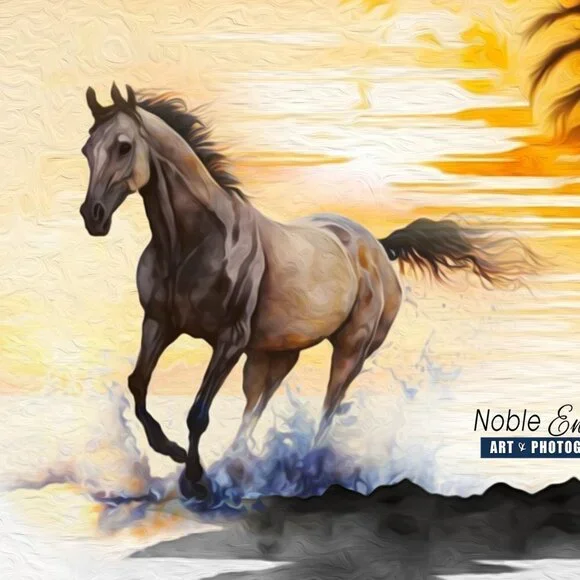 8x8 Horse Galloping On The Beach Rising Sun Watercolor Oil Painting Print - Picture 4 of 6